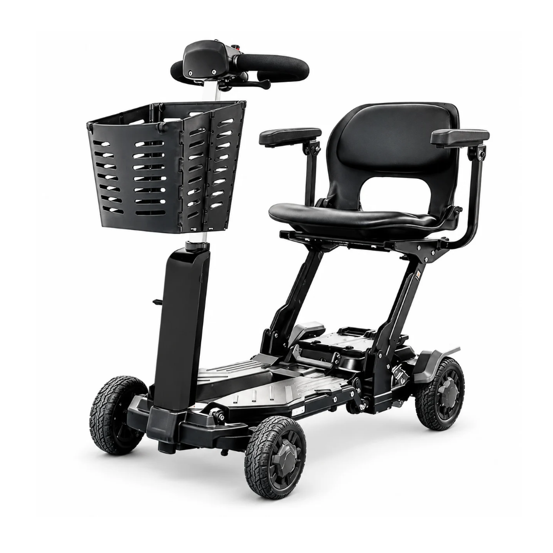 A Fold & Go Revolutionary Height Adjusting Scooter | VOCIC D91 four-wheeled mobility scooter featuring a black seat, padded handlebars, and a front-mounted storage basket.