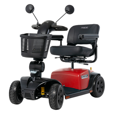 The Pride Mobility Victory® Platinum Bariatric 4-Wheel Scooter features a red base, black seat with armrests, front basket, dual rear-view mirrors, and Charge360 Magnetic Charging for personal mobility convenience.