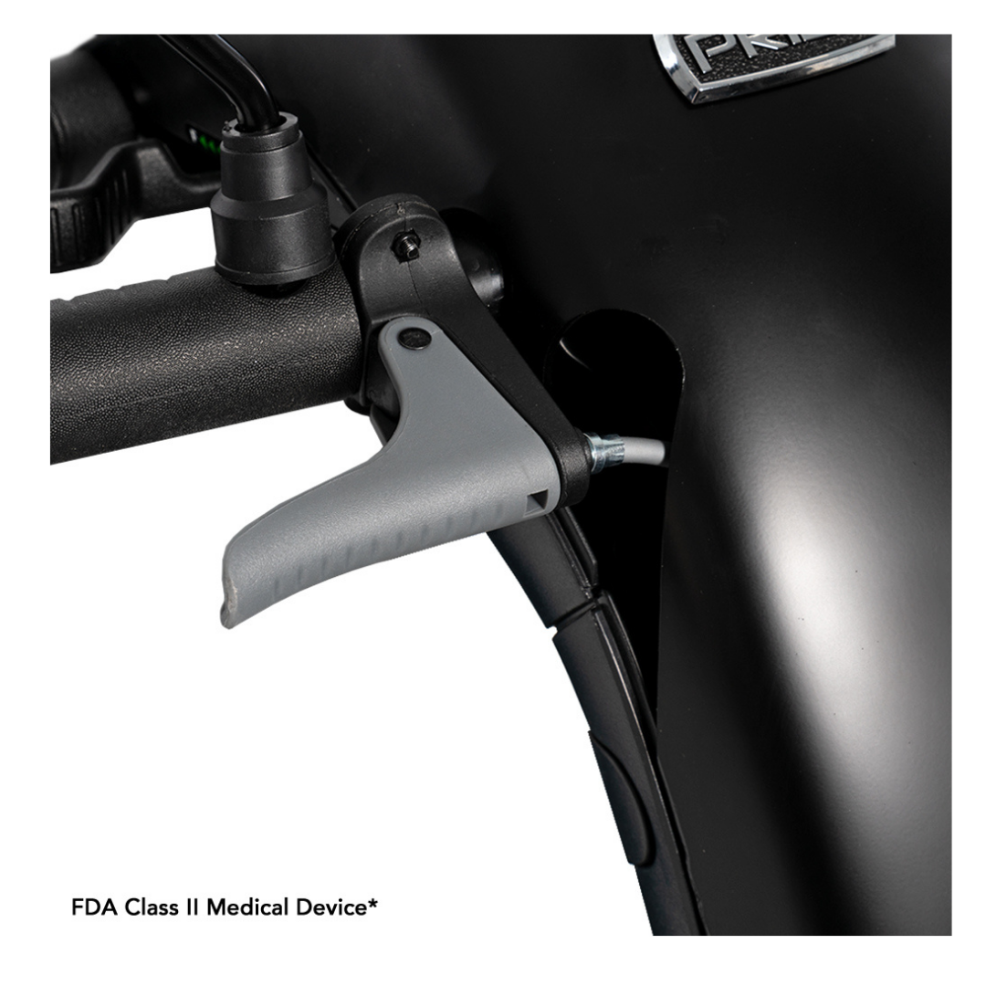 Close-up of a gray brake lever on the handlebar of a black Pride Mobility Victory® Platinum Bariatric 4-Wheel Scooter. FDA Class II Medical Device* is displayed in the lower left corner.