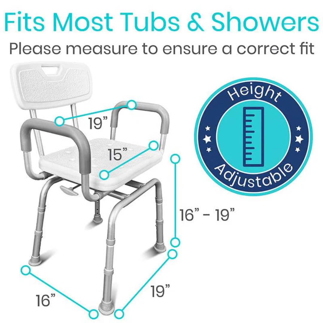 Image of the Vive Health Swivel Shower Chair, 90° rotation for easy transition, adjustable height (16-19). Fits most tubs and showers with a 19 wide x 15 deep seat. Non-slip grip ensures safety. Ensure accurate measurement for fit.