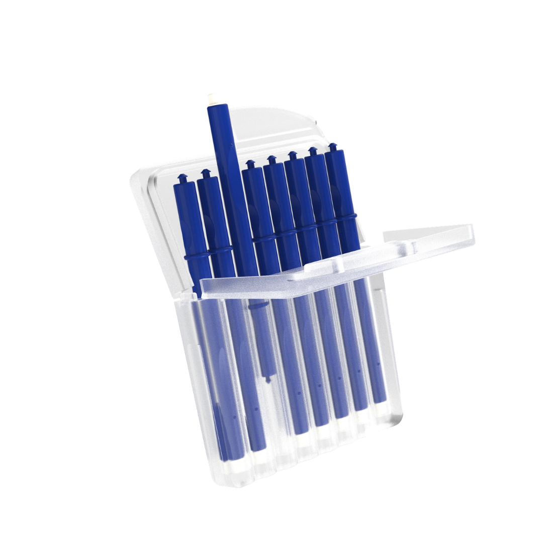 A transparent plastic case for Vivtone Ear Wax Guards For Hearing Aids holds seven blue filters—one upright and the rest aligned inside—neatly organized for easy access, similar to how pens are often arranged.