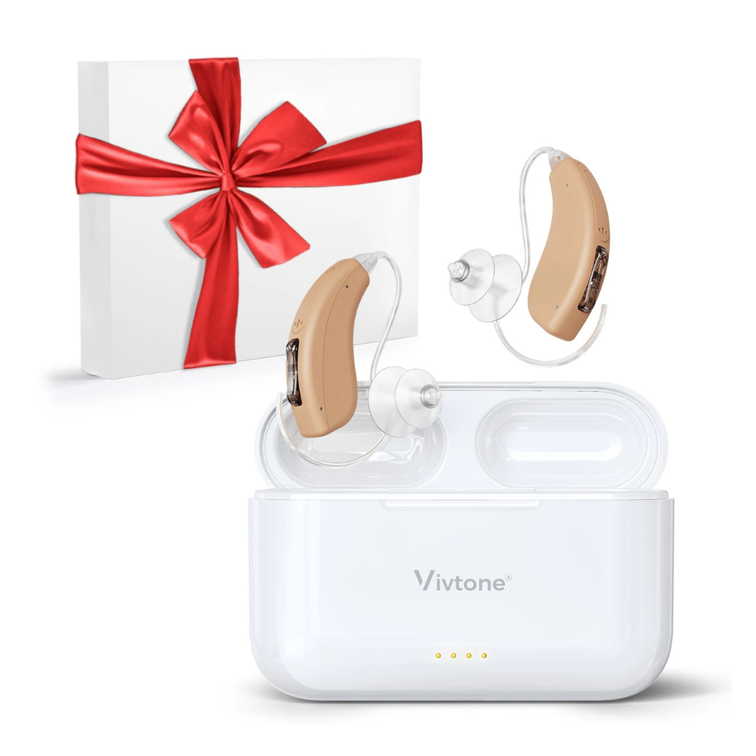A pair of Vivtone Lucid508 Over-The-Ear beige hearing aids, a white charging case with "Vivtone" label, and a white gift box tied with a red ribbon and bow.