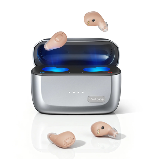Four beige Vivtone SyncTune Bluetooth Hearing Aids float above a silver charging case with a blue-lit interior and indicator lights, highlighting expert audio engineering and real sound quality.