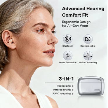 A woman wears Vivtone SyncTune Bluetooth Hearing Aids offering advanced comfort fit, ergonomic design, real sound, noise cancelling, rechargeable battery, and a 3-in-1 case with recharging, infrared drying, and UV-C cleaning functions.