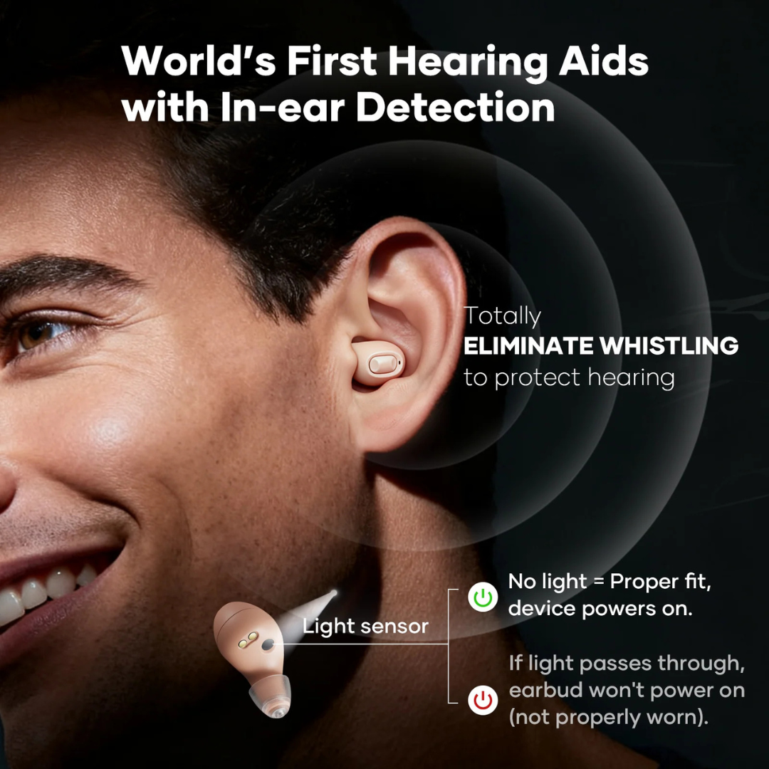 Close-up of a smiling man wearing Vivtone SyncTune Bluetooth Hearing Aids. Text highlights features like Bluetooth, in-ear detection, whistle elimination, and a light sensor that shows green or red for proper fit.