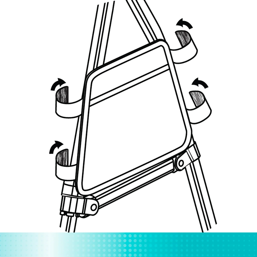 A black and white illustration of Side Pouches - Set of 2 for Stander Walkers & Rollators, attached with adjustable straps shown by curved arrows—demonstrating easy adjustment for added convenience.