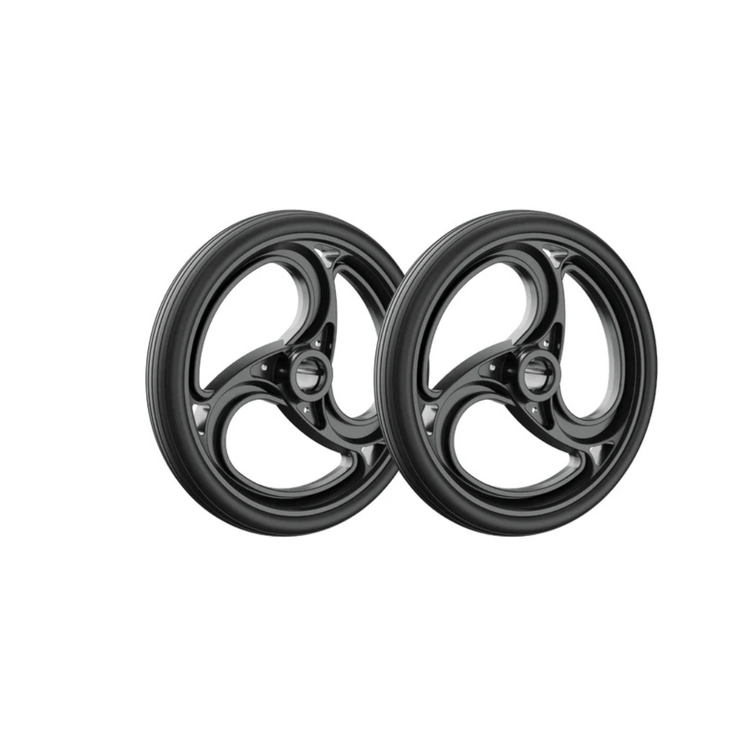 Two black and silver three-spoke Wheels For Rolloy Walkers & Rollators placed side by side on a white background, perfect as replacement rollator wheels.