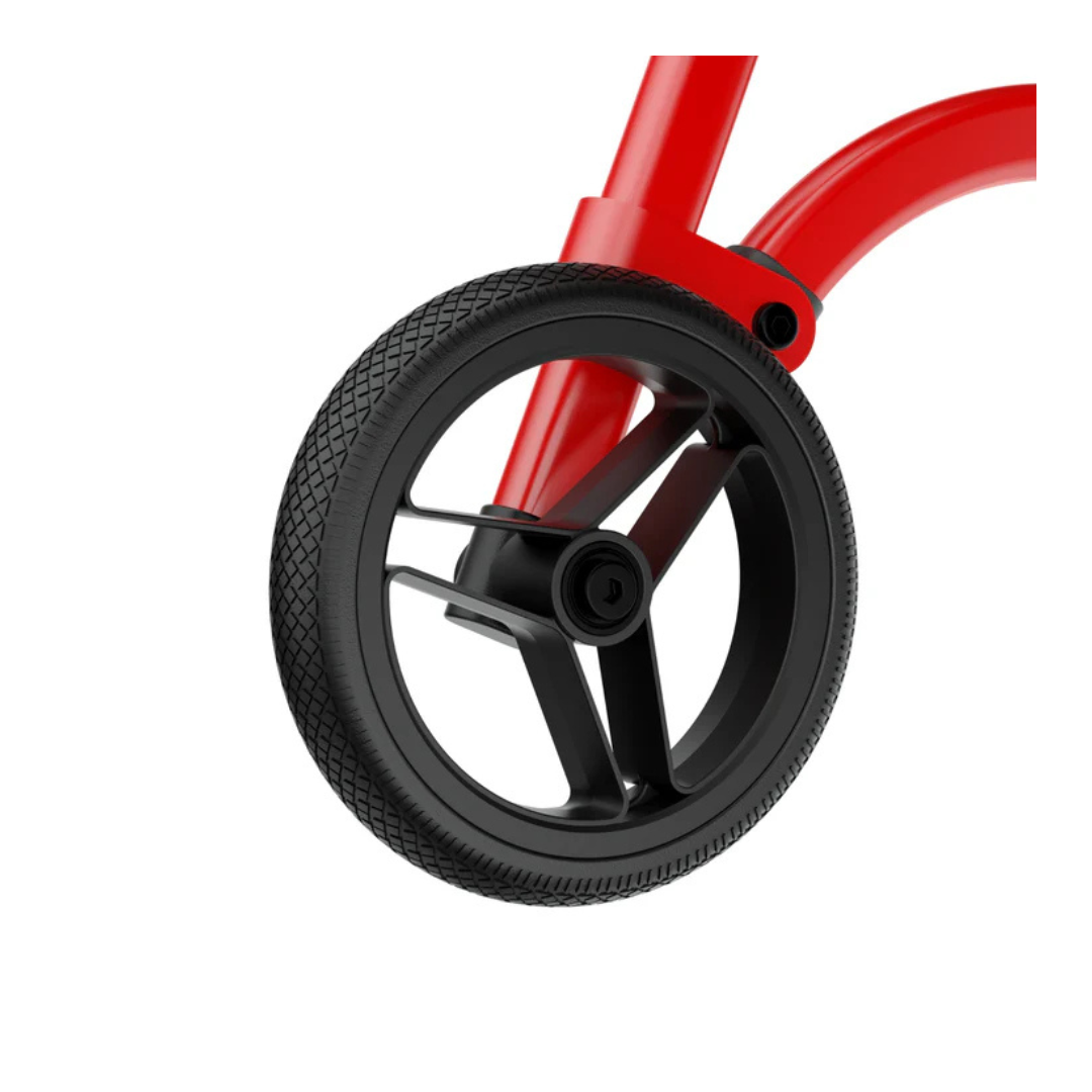 Close-up of a black rubber wheel with thick tread and three spokes, attached to a red frame. Shown on plain white background as part of Wheels For Rolloy Walkers & Rollators.