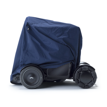 A compact, wheeled delivery robot is partially covered by the Waterproof Cover For Whill Model C2 Power Chairs, revealing its circular wheels and part of its black body.