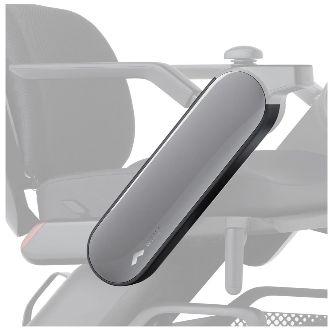 Close-up of Arm Covers for Whill Model C2 Power Chairs—sleek interchangeable covers on a modern wheelchair armrest, attached to a partially visible frame and mesh seat, shown on a white background.