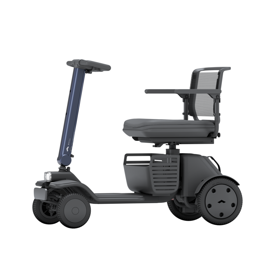 The Whill Model R 4 Wheel Portable Scooter, shown in side profile against a white background, features a modern compact design with a mesh backrest, armrests, and a slim upright handlebar.