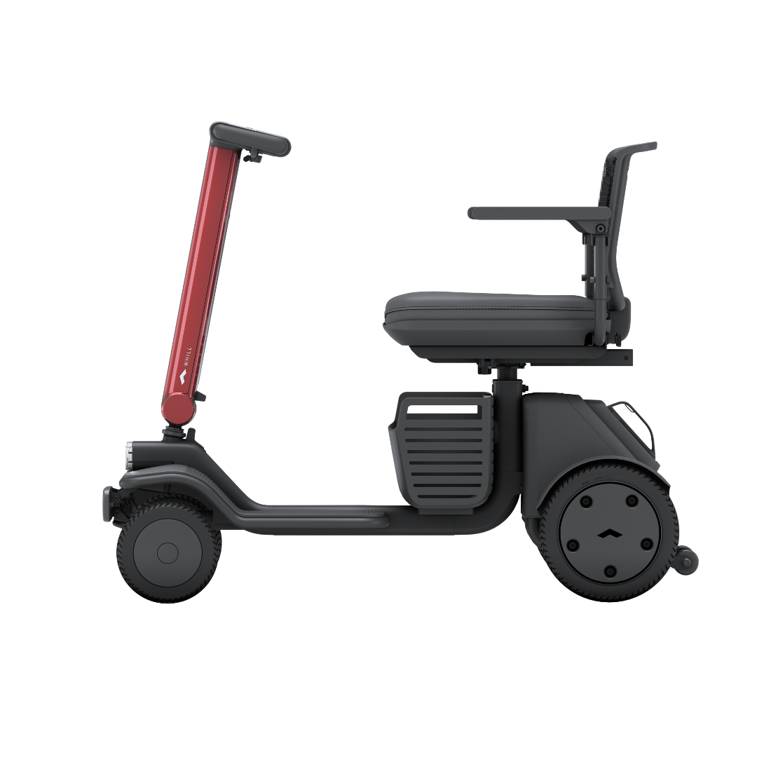 Side view of the Whill Model R 4 Wheel Portable Scooter, a compact and modern mobility scooter featuring a red front handlebar and black seat with armrests.