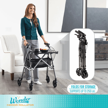 A woman uses the Stander Wonder Indoor Rollator with Tray Table and storage basket in her living room. An inset shows it folded for easy storage. Text notes it holds up to 250 lbs and folds easily.