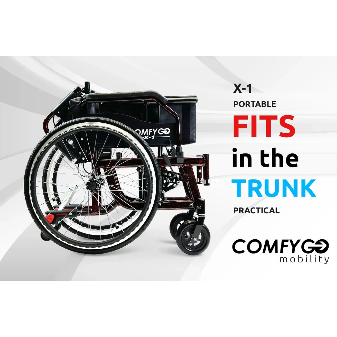 A folded ComfyGo X-1 Lightweight Manual Wheelchair with Quick-Detach Wheels fits easily in a car trunk. Text: X-1 Portable. FITS in the TRUNK. Practical comfort from COMFYGO. Background has dynamic grey and white lines.