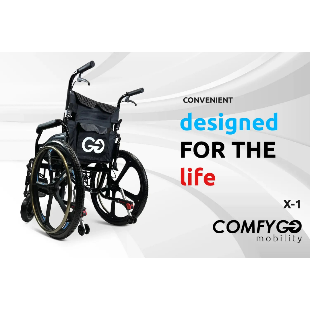 A black ComfyGo X-1 Lightweight Manual Wheelchair with Quick-Detach Wheels is shown on a white background with gray lines. Text: Convenient, designed for life, ComfyGo Mobility Comfort.
