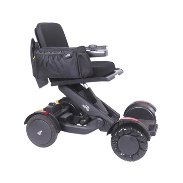 The XSTO Side Storage Bag for the M4 Powerchair adds convenience and storage, perfectly complementing the modern black-cushioned seat, armrests, control panel, and large wheels for improved mobility and comfort.