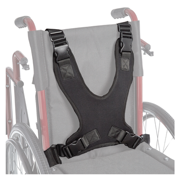 The Circle Specialty ZIGGO Wheelchair Accessories feature a black harness with adjustable straps and buckles, attached to the back and seat of a wheelchair with a grey cushion and red frame.
