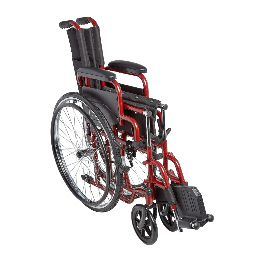 The Circle Specialty ZIGGO Pediatric Wheelchair, shown against a white background, features a lightweight red frame, black seat and backrest, large rear wheels with hand rims, small front wheels, footrests, and padded armrests.
