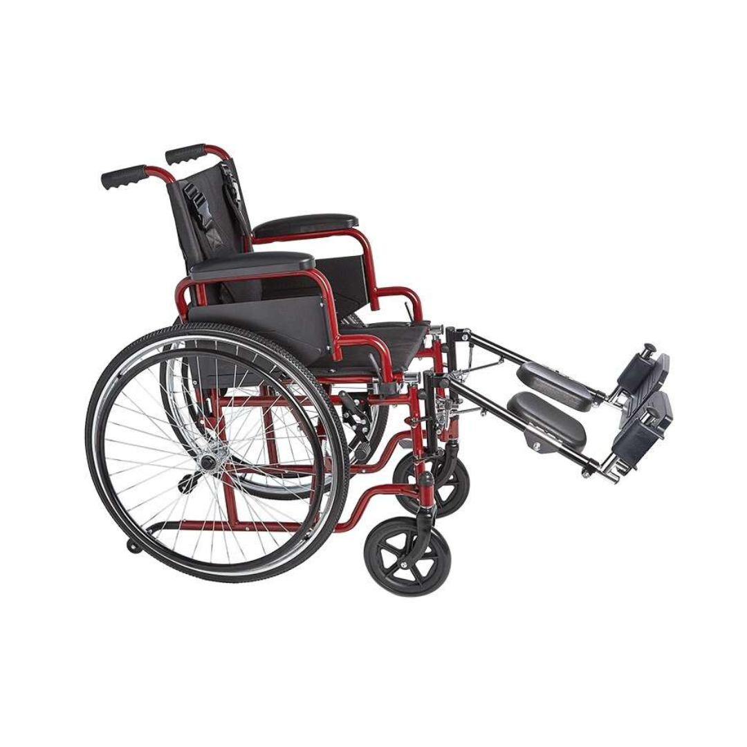 The Circle Specialty ZIGGO Pediatric Wheelchair is a red and black lightweight model with elevated leg rests and large rear wheels, pictured from the side against a white background.