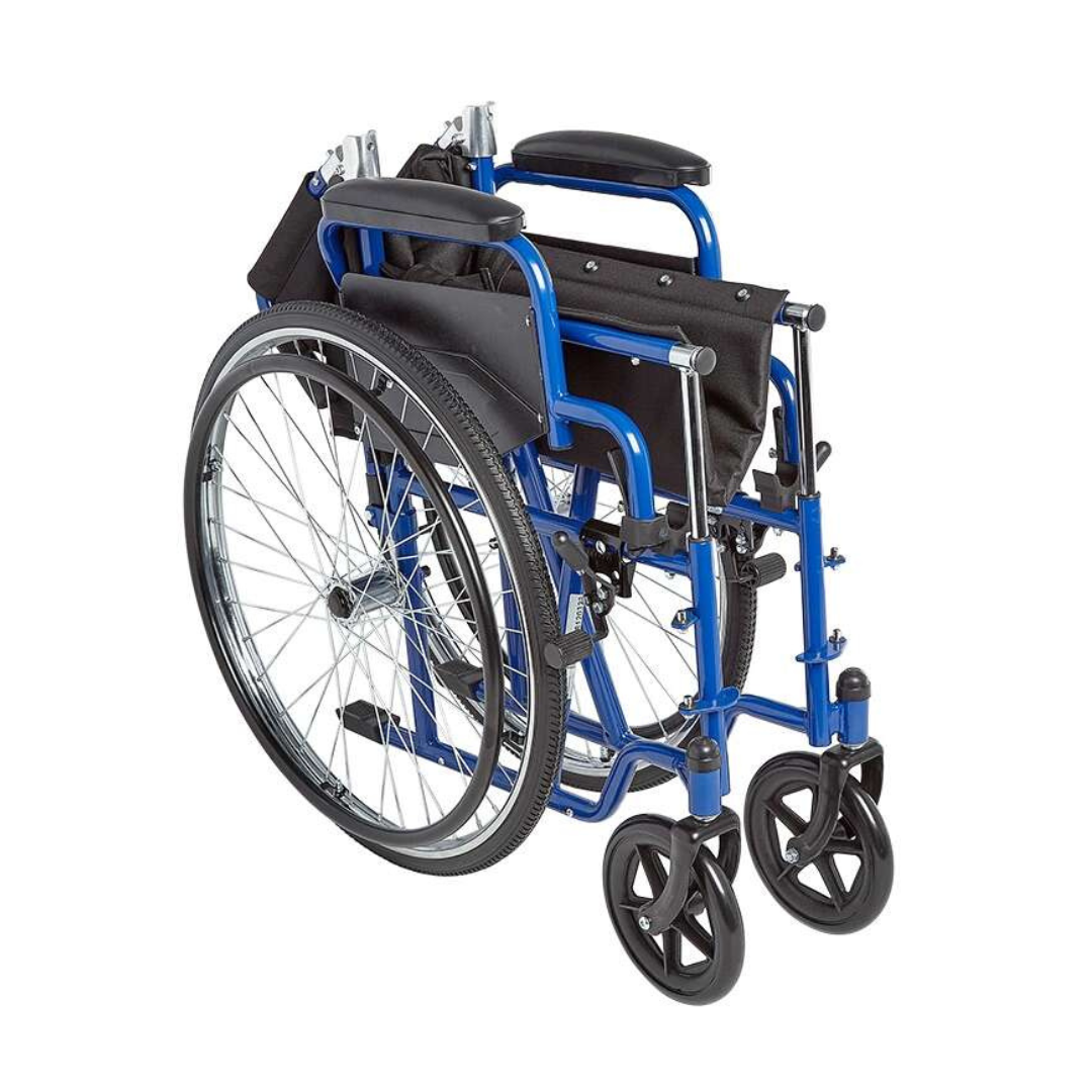 The Circle Specialty ZIGGO Pediatric Wheelchair, shown in blue and black, is lightweight and folds compactly with large rear wheels and small front wheels for easy storage or transport.