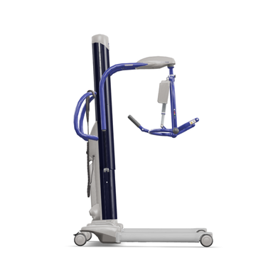 The ARJO Maxi Move Electric Floor Lifter & All-Purpose Patient Lift features a blue and gray frame, wheeled base, and sling arm, designed for safe patient transfers for those with limited mobility.