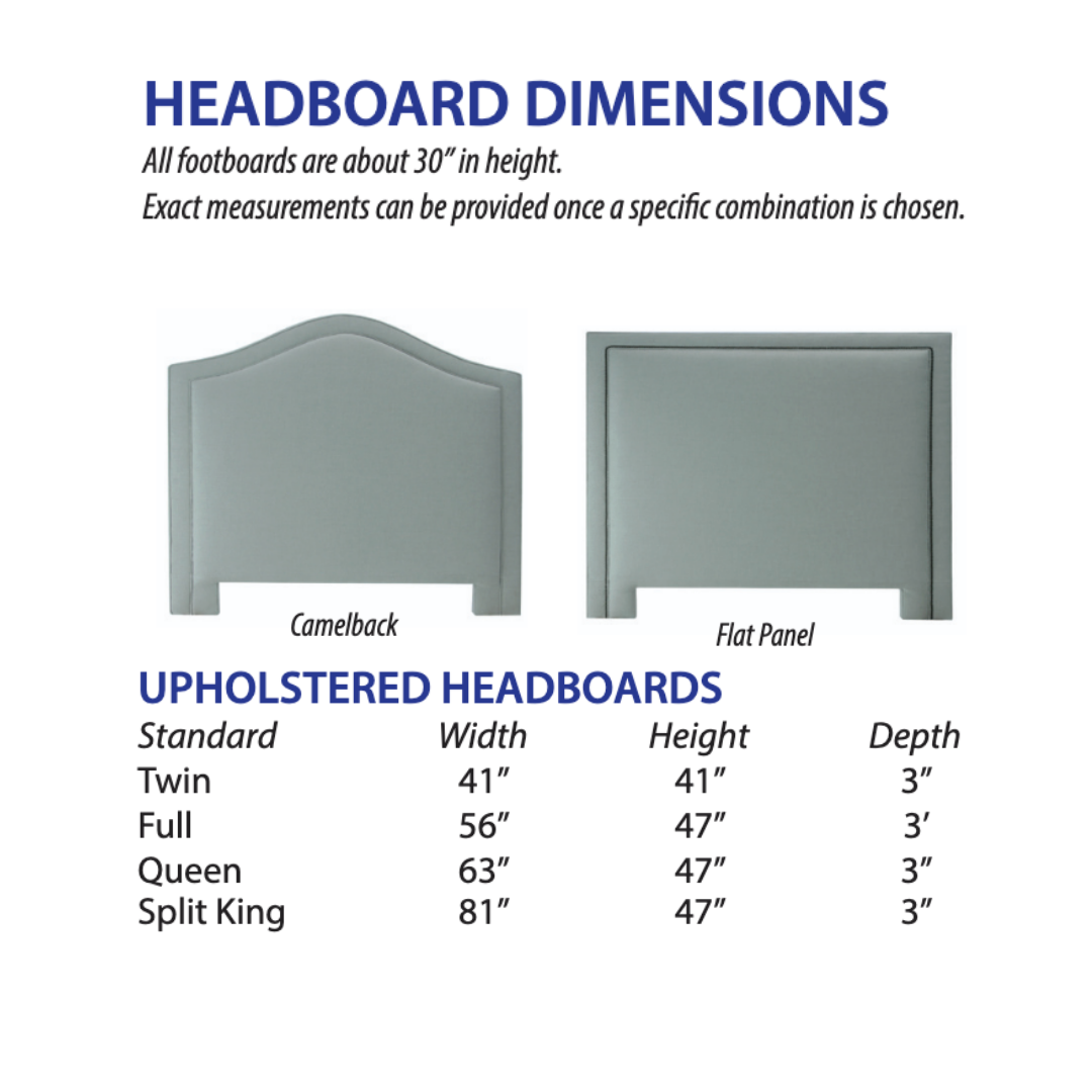 Two gray upholstered headboards—a curved Camelback and a straight Flat Panel—are shown. Twin, Full, Queen, and Split King sizes fit most Assured Comfort® Signature Series Hi-Low Adjustable Beds or medical adjustable bed setups.