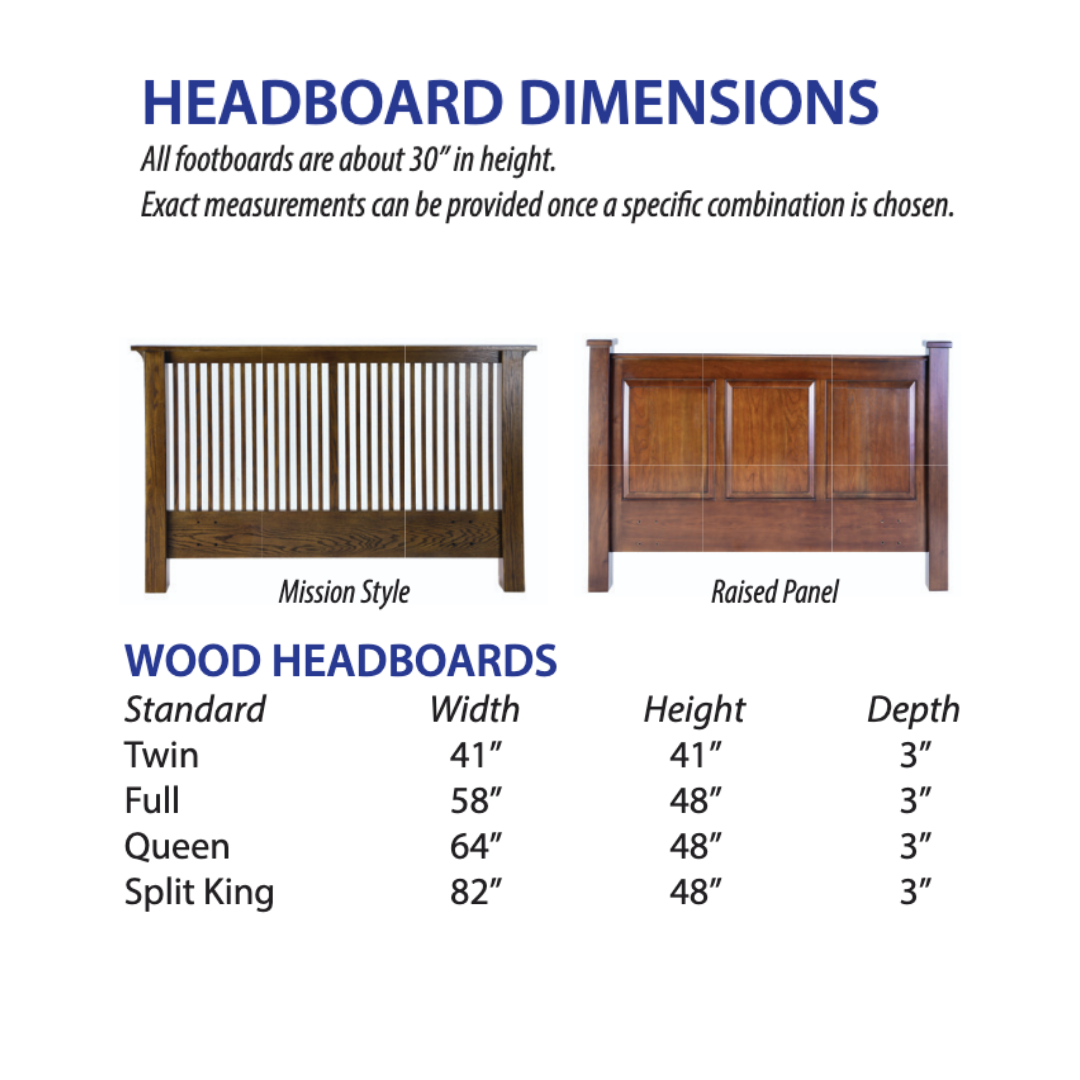 Chart showing headboard dimensions for Assured Comfort® Signature Series Hi-Low Adjustable Beds, with Mission Style and Raised Panel designs. Includes measurements for Twin, Full, Queen, Split King, and Hi-Low beds with images displaying width, height, depth.
