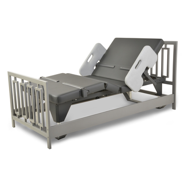 The Assured Comfort® Signature Series Hi-Low Adjustable Bed features a sturdy metal frame, black mattress, adjustable head and knee sections, safety rails, and cushioned side supports for enhanced comfort.