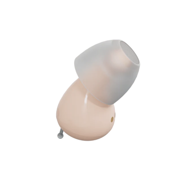 The Audien Hearing Atom Pro 2 In-Ear OTC Hearing Aids are small, flesh-colored earbuds with translucent silicone tips, tiny charging pins, and advanced hearing modes, shown isolated on a white background.