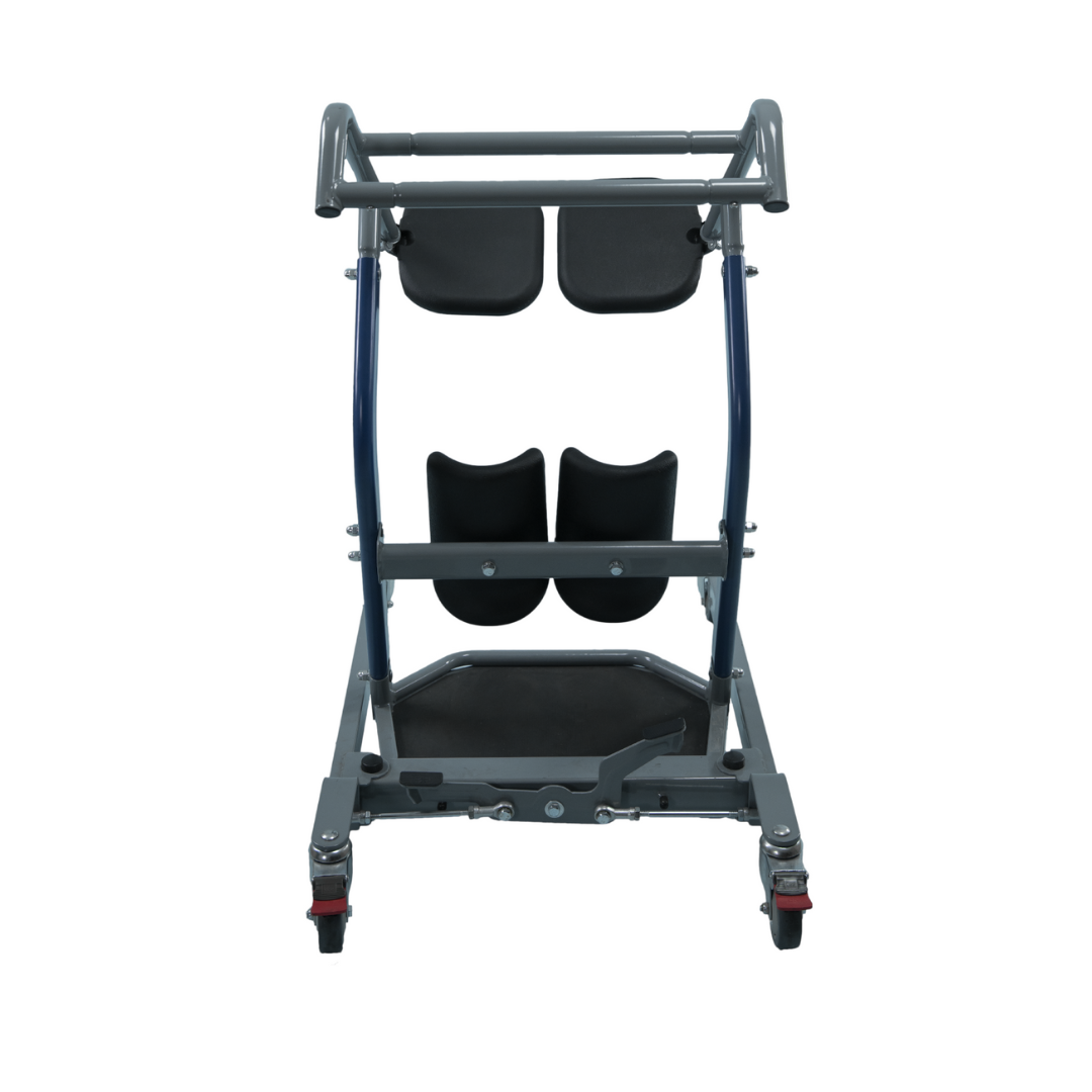 The Bestcare STA450 Standing Transfer Aid is a mobility aid with cushioned arm supports, footrests, and a sturdy wheeled frame. Designed for patient safety, it assists with walking or standing, making it a reliable support choice.
