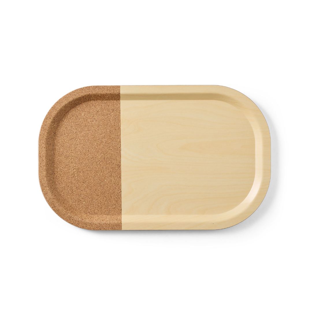 The byACRE Scandinavian Butler At-Home Rollator features a rectangular tray with rounded edges, combining light wood and textured brown cork halves in a minimalist style. The tray is shown on a white background.