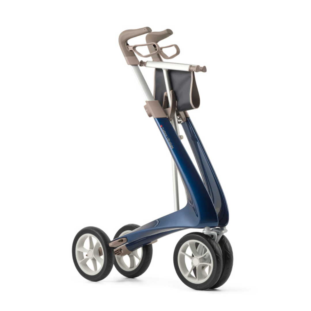 The ByACRE Ultralight Carbon Fiber Rollator (10.6 lbs) is a modern blue rollator with four wheels, ergonomic handles, sleek design, and a front storage pouch.