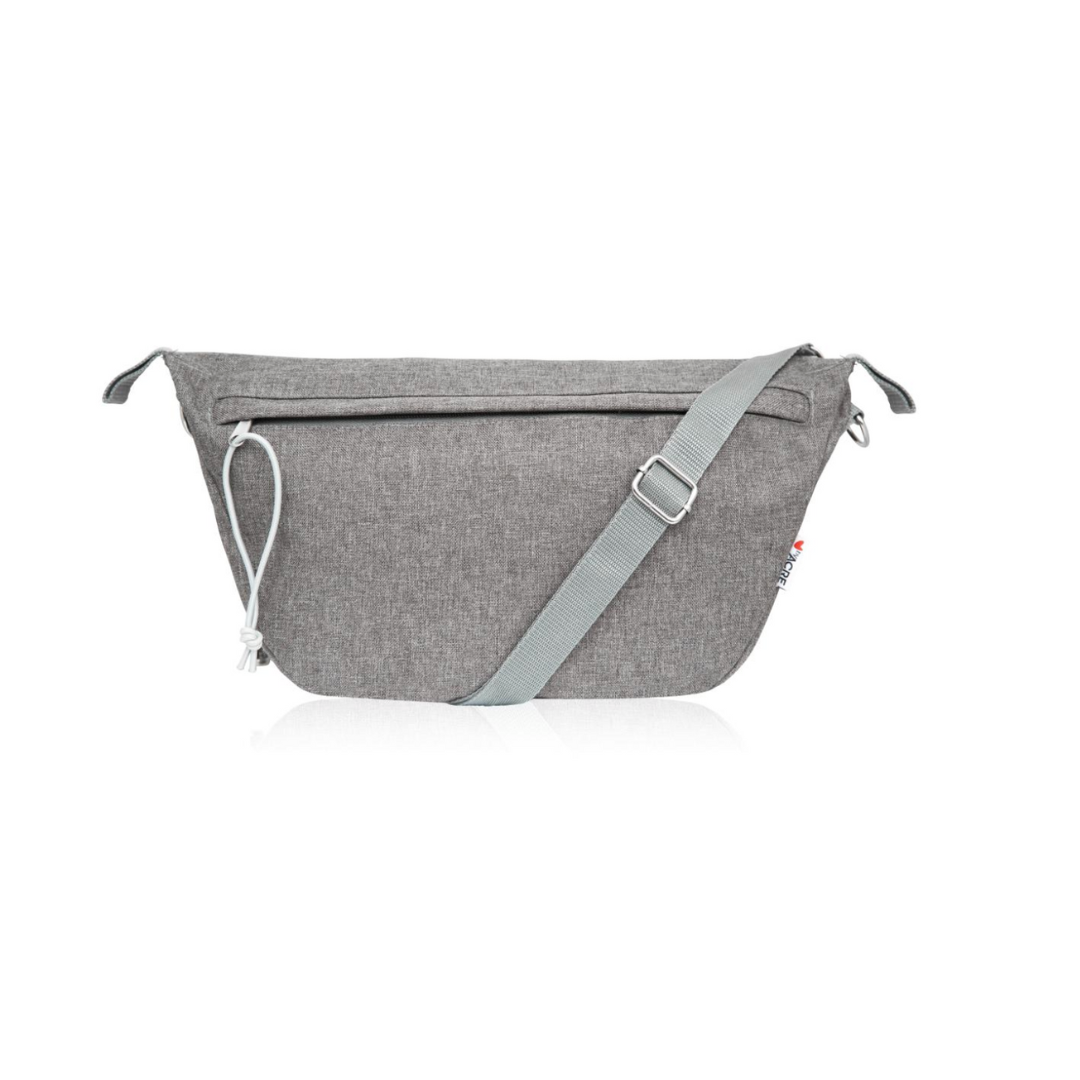 The ByAcre Accessories for the Ultralight Carbon Fiber Rollators features a minimalist gray sling bag with a front zipper pocket, adjustable light gray strap, and small white cord detail—ideal for everyday use against a white background.