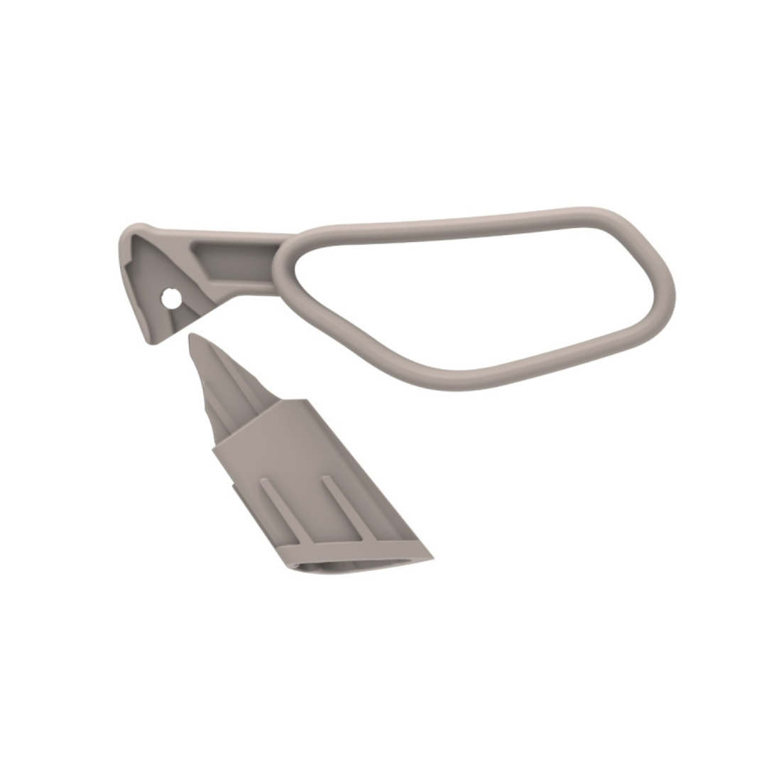 A 3D-rendered image of two beige spare parts for the byAcre Carbon Ultralight Rollator—a rounded triangular loop and an angular ridged piece with a hole—ideal as maintenance accessories.