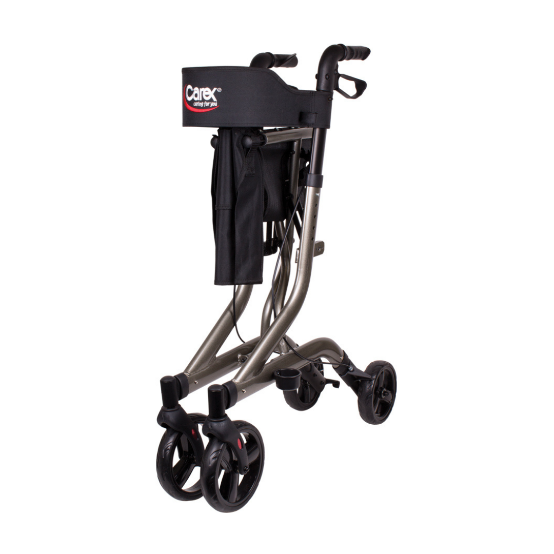 The Carex Crosstour Rolling Walker with Euro Design offers a lightweight, side-folding frame, four wheels, ergonomic handles, and a black storage bag for easy transport and reliable support.