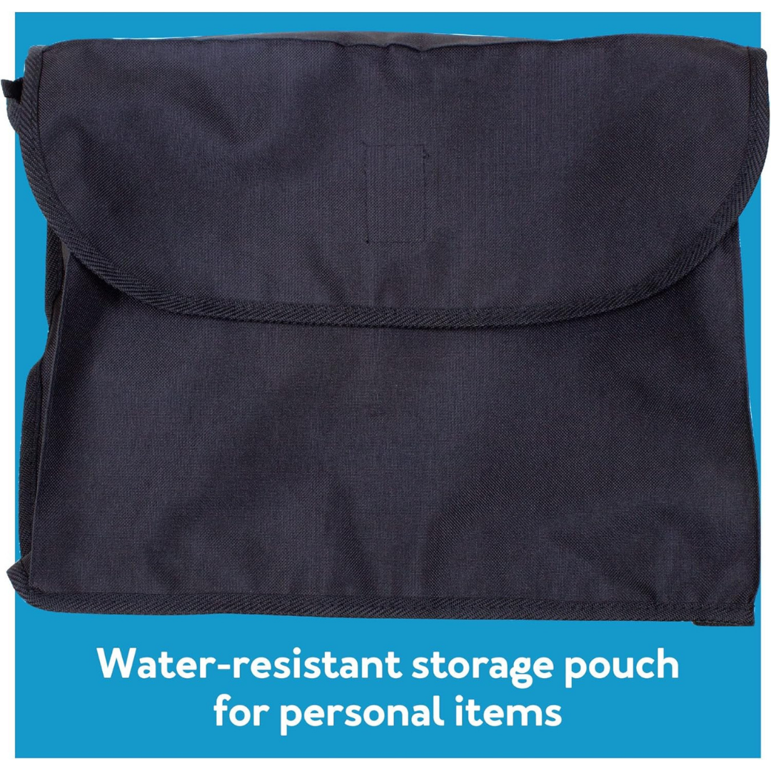 A black water-resistant storage pouch with a flap, shown on a blue background. Perfect for attaching to your Carex Crosstour Rolling Walker with Euro Design—keeps personal items secure and dry while youre on the go.
