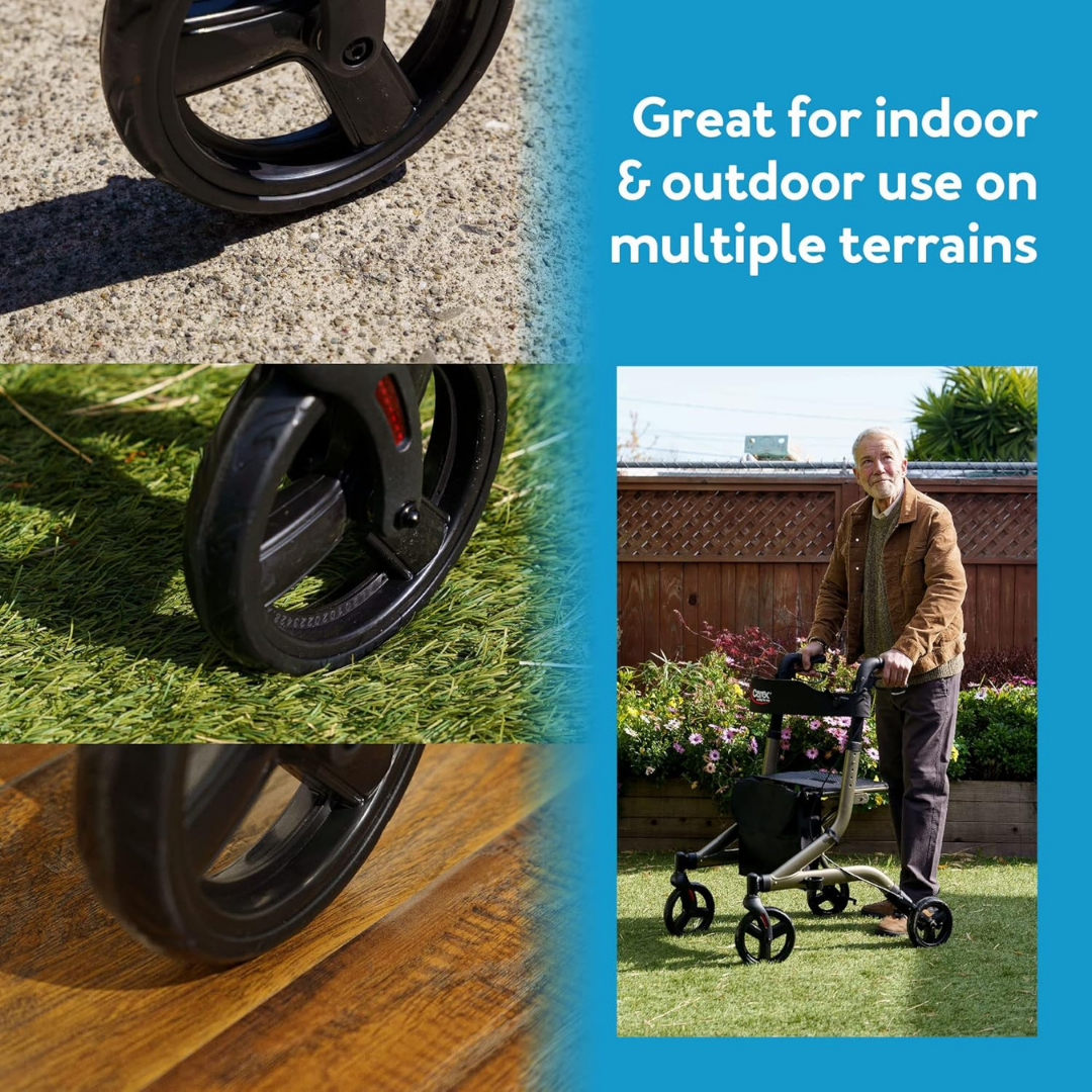 Collage of the Carex Crosstour Rolling Walker with Euro Design on concrete, grass, and wood. Text: “Great for indoor & outdoor use on multiple terrains.” An elderly person uses this lightweight mobility aid outside in a garden.