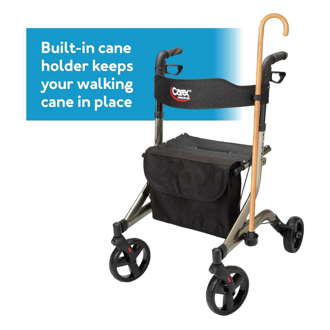 The Carex Crosstour Rolling Walker with Euro Design features a built-in cane holder, black seat, storage pouch, large wheels, and ergonomic locking brakes. Text reads: Built-in cane holder keeps your walking cane in place.