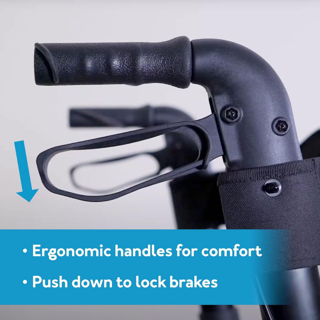 Close-up of the Carex Crosstour Rolling Walker with Euro Designs black ergonomic handle and brake lever. An arrow highlights the comfortable grip and push-down brake lock on this lightweight mobility aid.