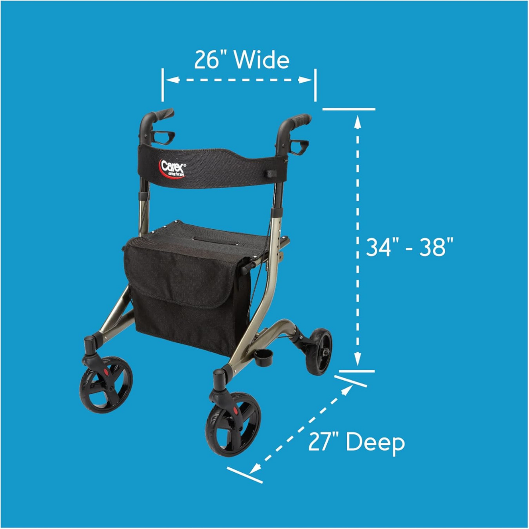 The Carex Crosstour Rolling Walker with Euro Design features a black seat, storage pouch, ergonomic locking brakes, an adjustable height of 34–38 inches, and measures 26 wide by 27 deep. Shown on a blue background with measurement labels.