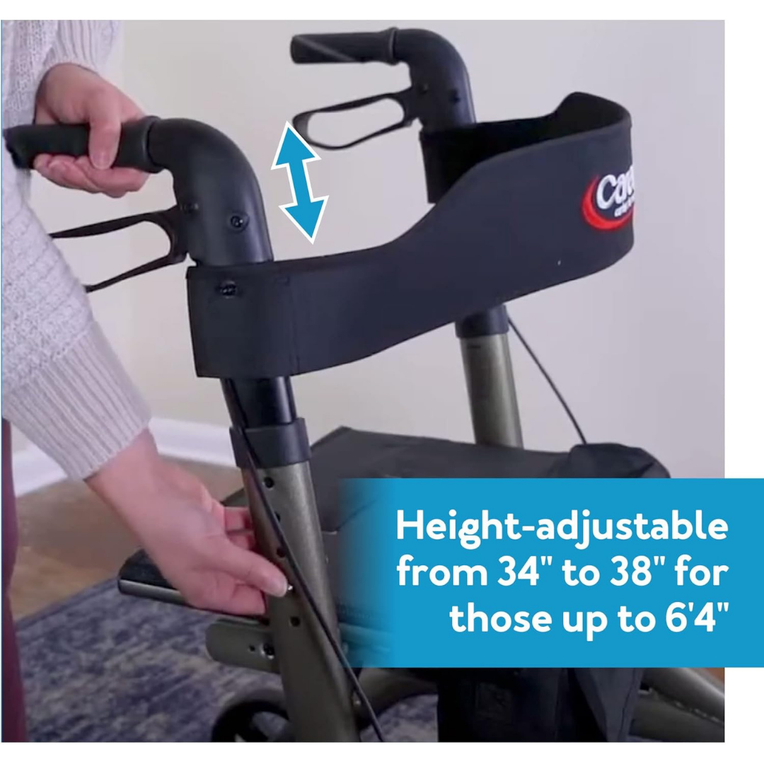 A person raises the handle of the Carex Crosstour Rolling Walker with Euro Design, labeled Height-adjustable from 34 to 38 for users up to 64, as an arrow highlights its easy upward adjustment on this lightweight mobility aid.