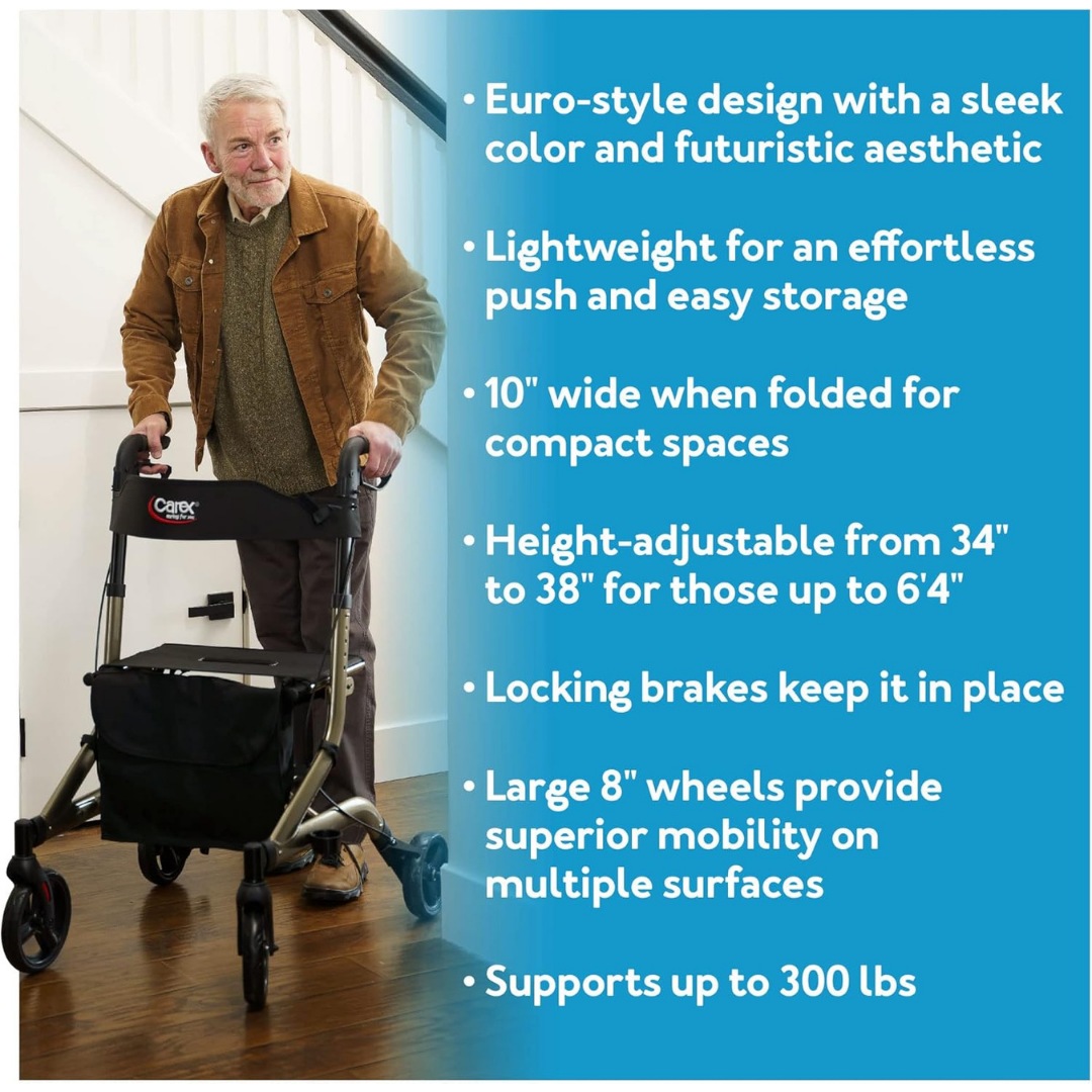 An older man uses the Carex Crosstour Rolling Walker with Euro Design at home. Features include modern design, folds to 10 wide, height-adjustable, ergonomic locking brakes, large wheels, and supports up to 300 lbs.