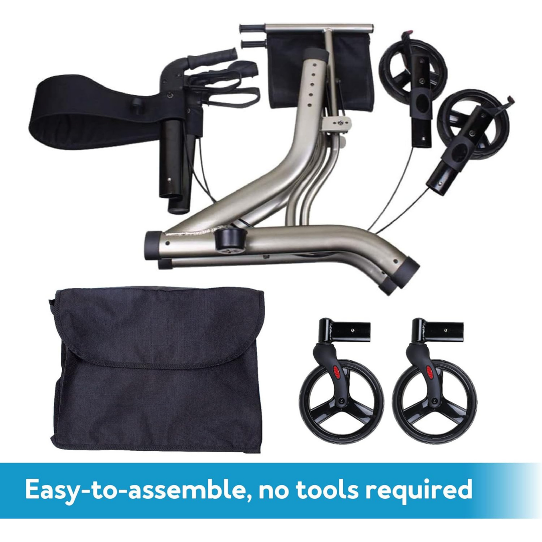 Parts of the Carex Crosstour Rolling Walker with Euro Design, including a metal frame, small wheels, hand controls, and a black pouch, are displayed on a white background. Banner: Easy-to-assemble—no tools required.