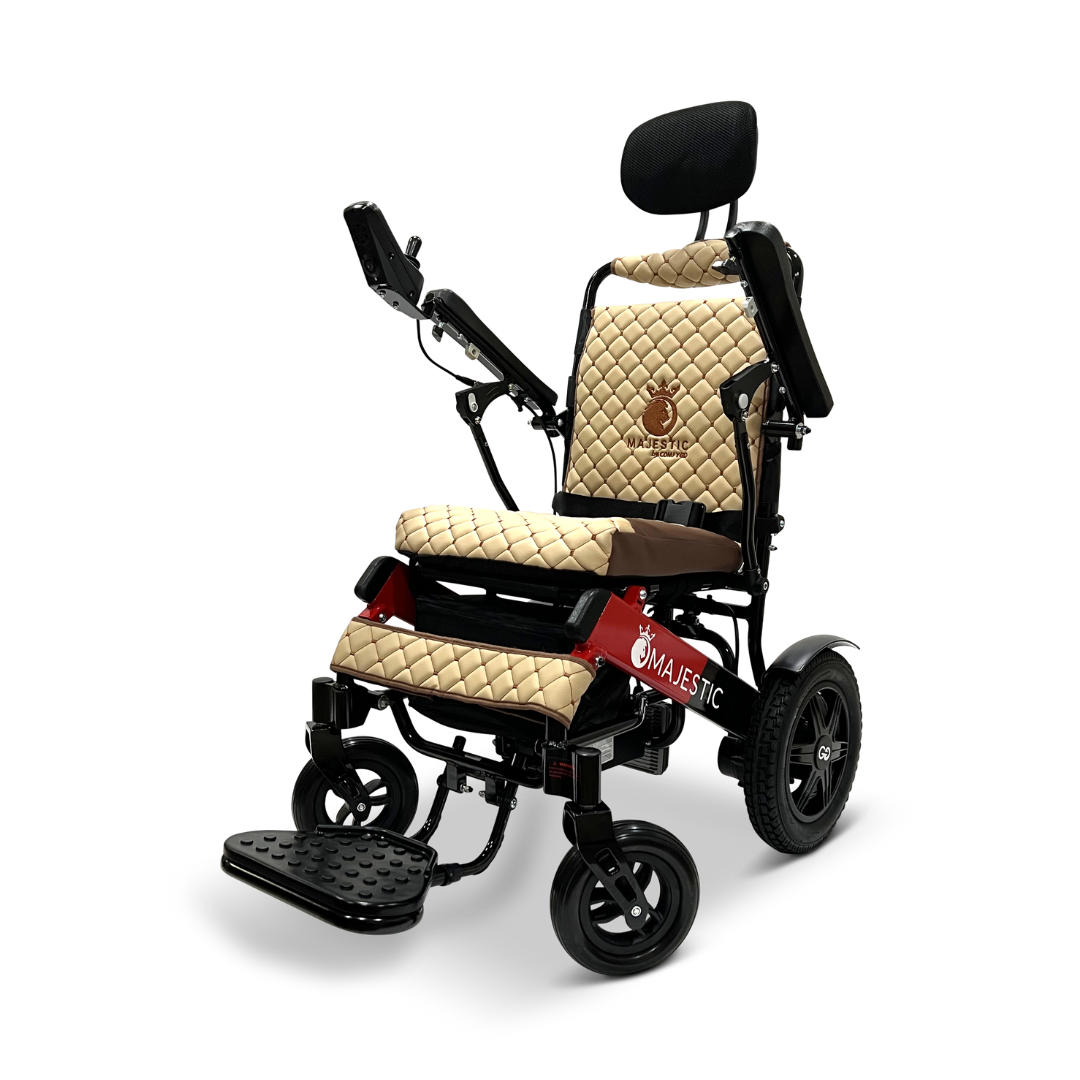 Introducing the ComfyGo MAJESTIC IQ-9000 Auto Recline Remote Controlled Electric Wheelchair: a high-tech electric marvel featuring brushless silent motors for seamless mobility. With a quilted tan seat, large rear wheels, and a digital joystick controller, this Majestic wheelchair offers sophisticated comfort and precise control for ultimate assistance.