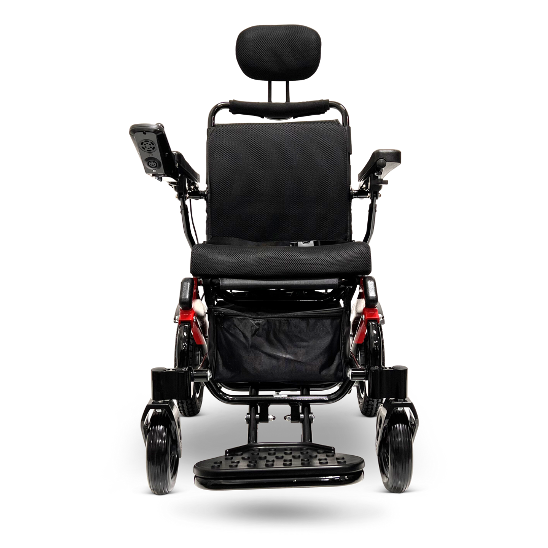 The ComfyGo MAJESTIC IQ-9000 Auto Recline Remote Controlled Electric Wheelchair boasts a sleek design and includes a digital joystick controller on one padded armrest along with brushless silent motors for smooth operation. Its footplate and four wheels are crafted for enhanced stability, all showcased against a crisp white background.