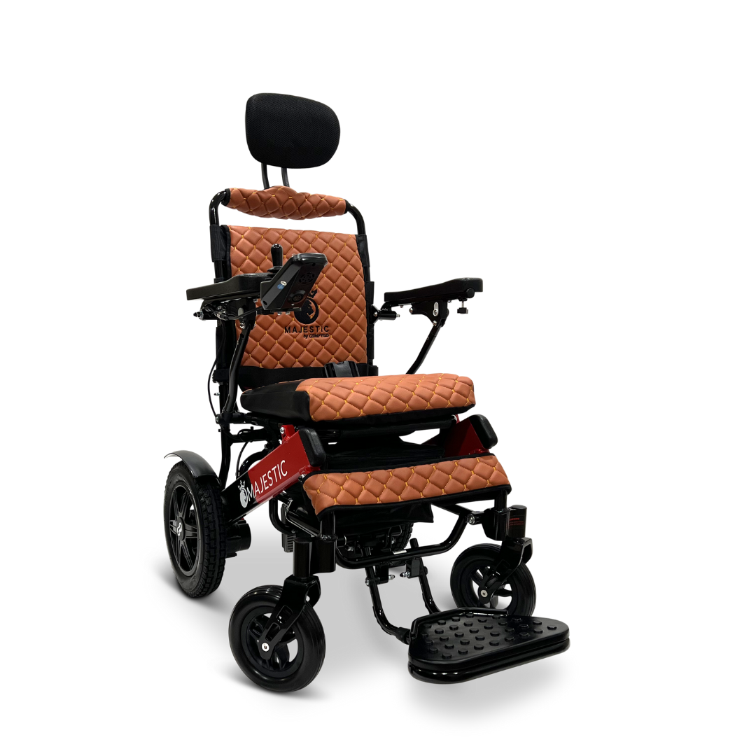 The ComfyGo MAJESTIC IQ-9000 Auto Recline Remote Controlled Electric Wheelchair features brown quilted padding on the seat and backrest, along with a headrest, footrest, and armrests. Equipped with brushless silent motors and a digital joystick controller, it ensures a smooth ride over its crisp white design.