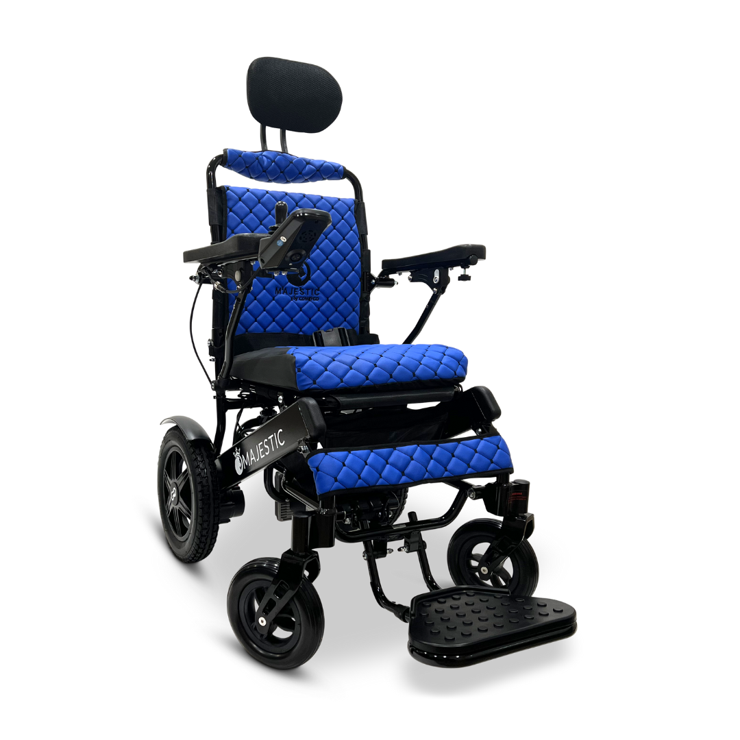 Introducing the ComfyGo MAJESTIC IQ-9000 Auto Recline Remote Controlled Electric Wheelchair, featuring a high backrest and head support. It is equipped with blue quilted cushioning, armrests, and a footrest to enhance comfort. Designed for seamless mobility and ease of use, it includes a digital joystick controller and brushless silent motors.