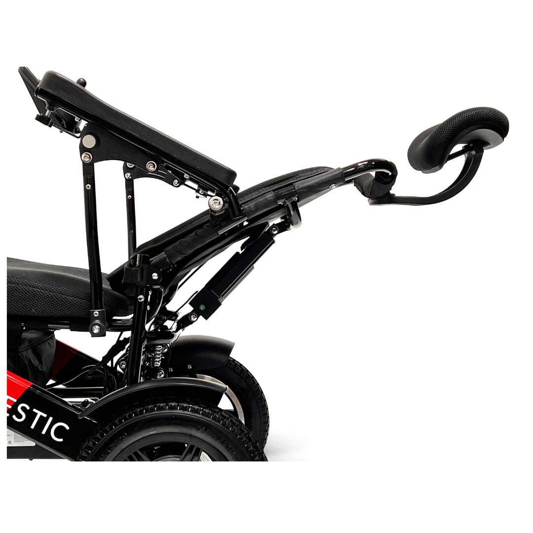 A side view of the ComfyGo MAJESTIC IQ-9000 Auto Recline Remote Controlled Electric Wheelchair in black highlights its adjustable headrest and tilted backrest. The digital joystick controller enhances its brushless silent motors, while the exposed wheels and frame display the chair’s advanced mechanical features.