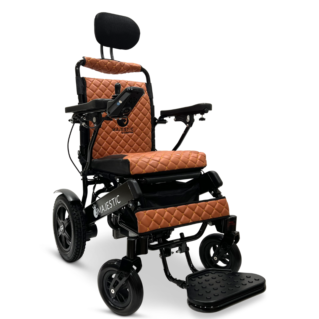 The ComfyGo MAJESTIC IQ-9000 Auto Recline Remote Controlled Electric Wheelchair boasts quilted brown cushions on the seat, backrest, and armrests. It features a digital joystick controller conveniently located on the armrest and brushless silent motors for an exceptionally smooth ride. The design is further enhanced with head support and sturdy wheels to ensure stability.