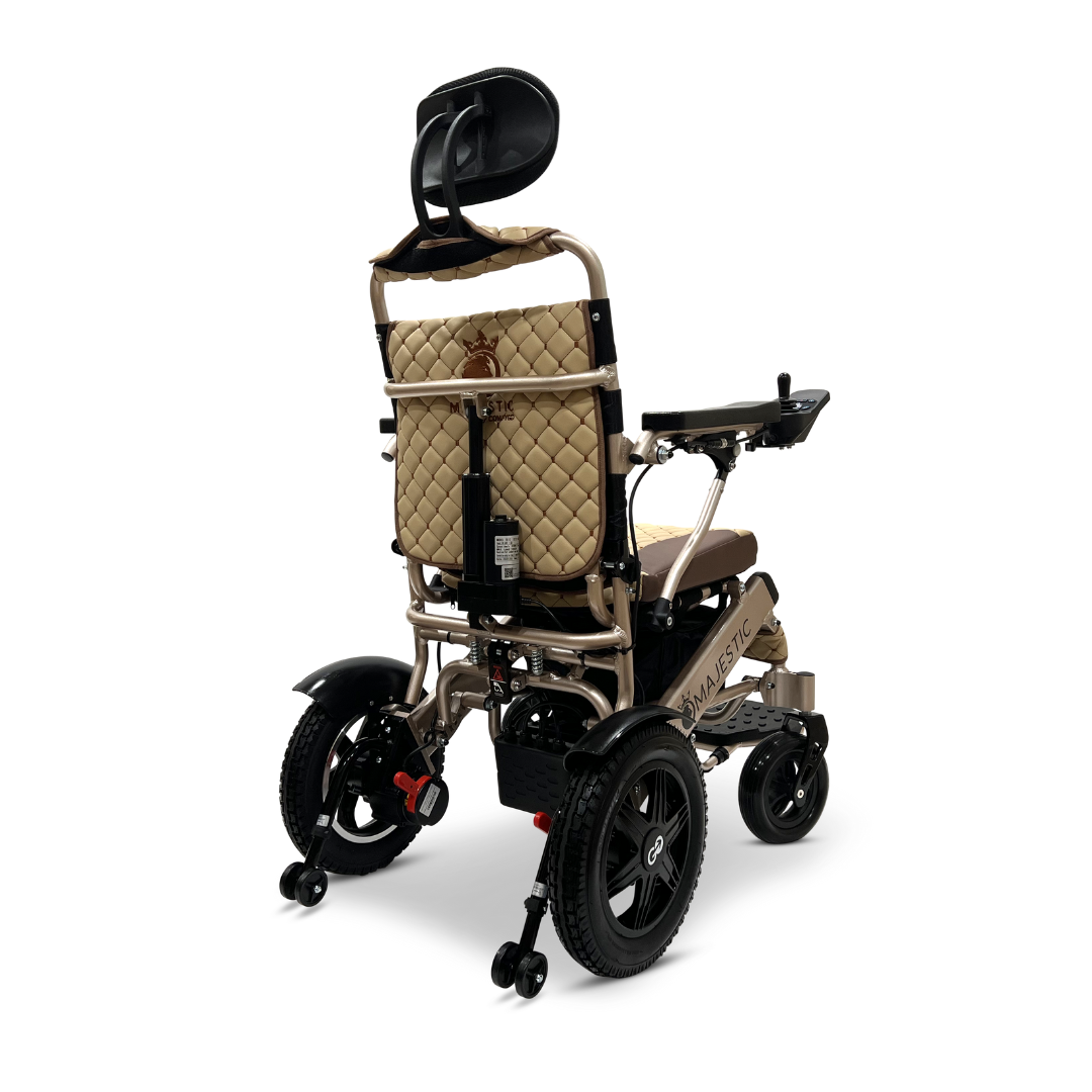 The ComfyGo MAJESTIC IQ-9000 Auto Recline Remote Controlled Electric Wheelchair is a modern marvel, equipped with brushless silent motors and a digital joystick controller. It features a quilted tan backrest and headrest, black armrests, sturdy wheels, and a metallic frame to ensure top-notch mobility and comfort.